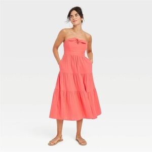 Universal Thread Strapless Tiered Midi Cotton Dress in Coral Pink w/ Pockets NWT
